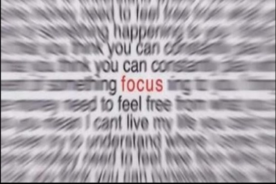 Image of blurred words surrounding the word "focus" which alone is in focus.
